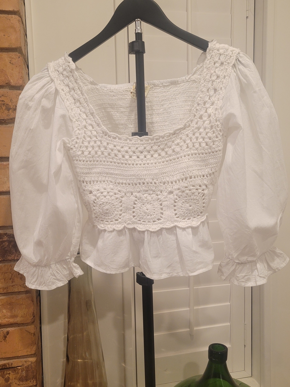 Rebellion White Crochet Square-Neck Puff Sleeve Blouse